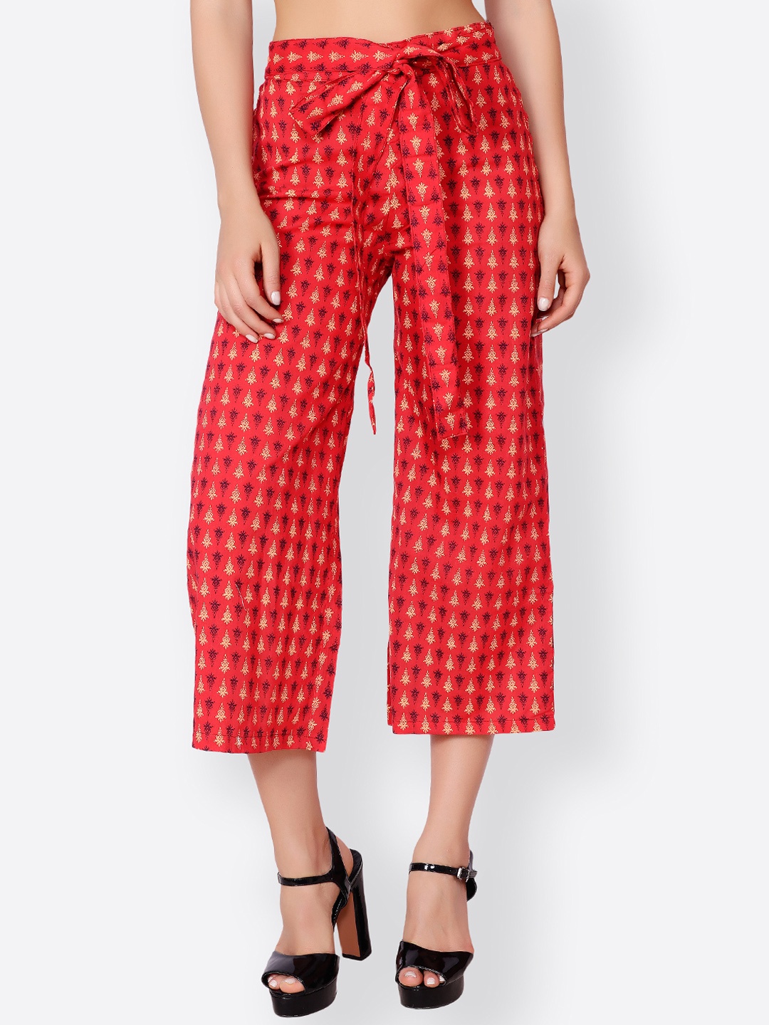 SCORPIUS Women Red & Beige Printed Wide Leg Palazzos