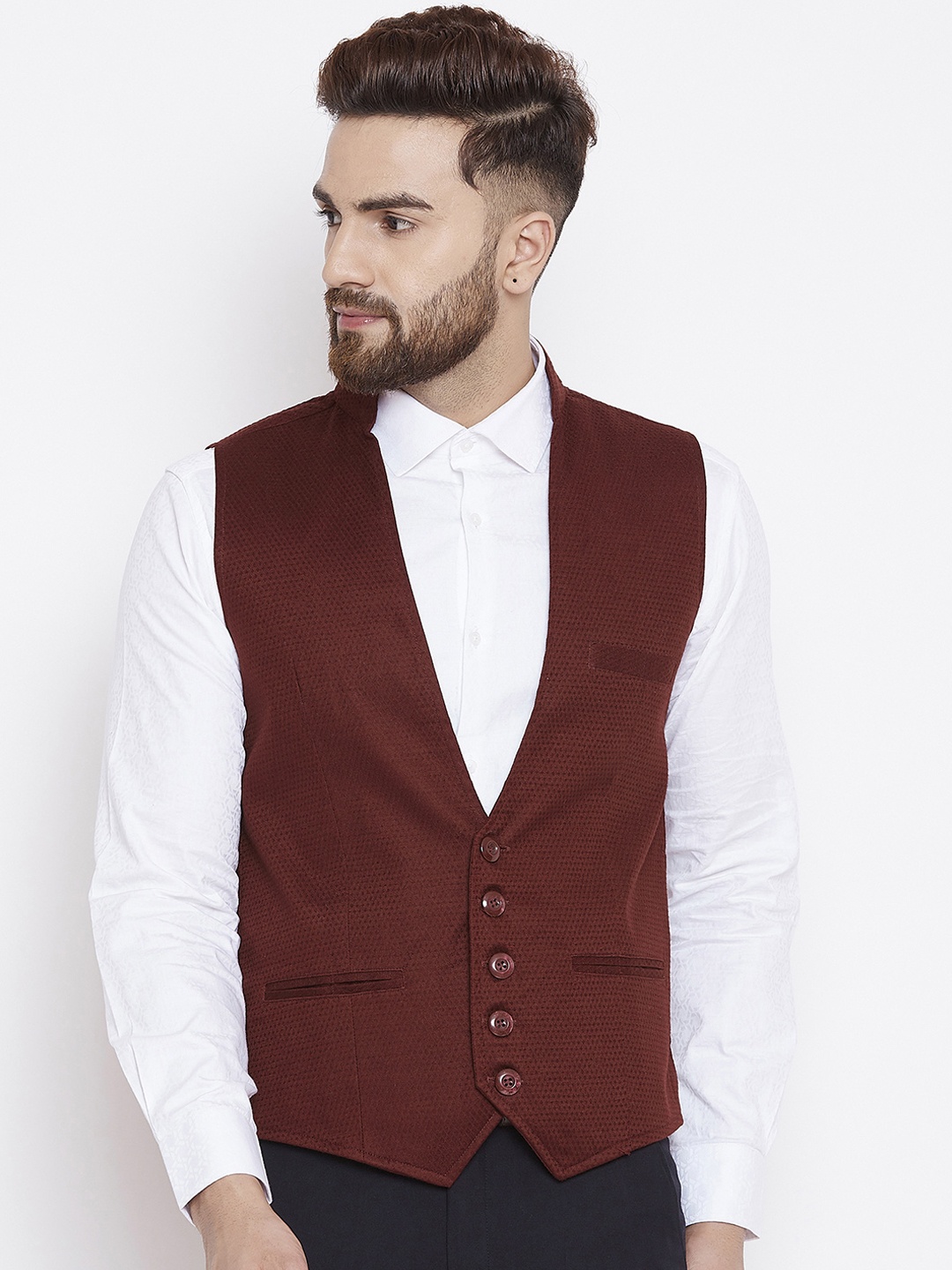 

even Men Maroon Solid Nehru Jacket
