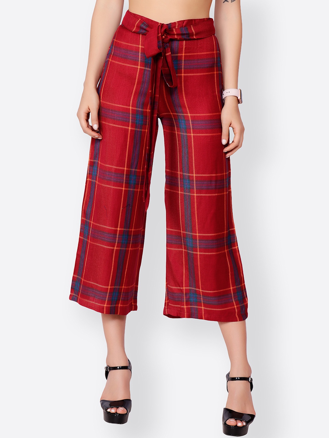 

SCORPIUS Women Red & Navy Blue Checked Straight Palazzos