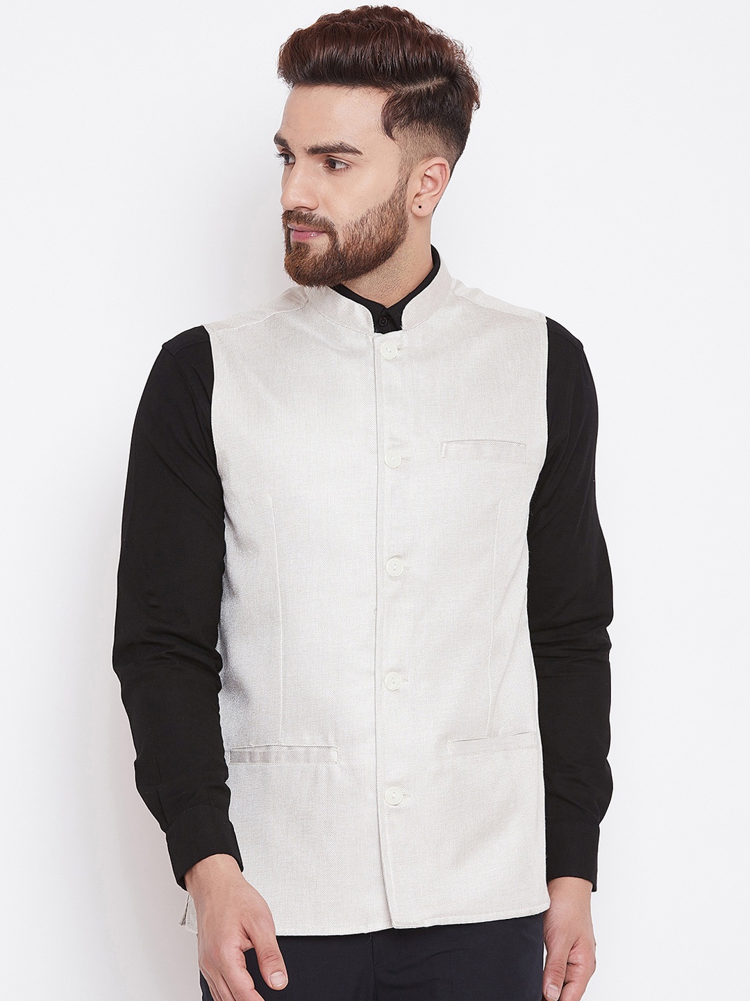 

even Men Off-White Solid Nehru Jacket