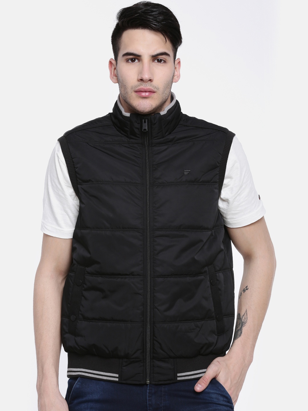 t-base Men Black Solid Lightweight Padded Jacket