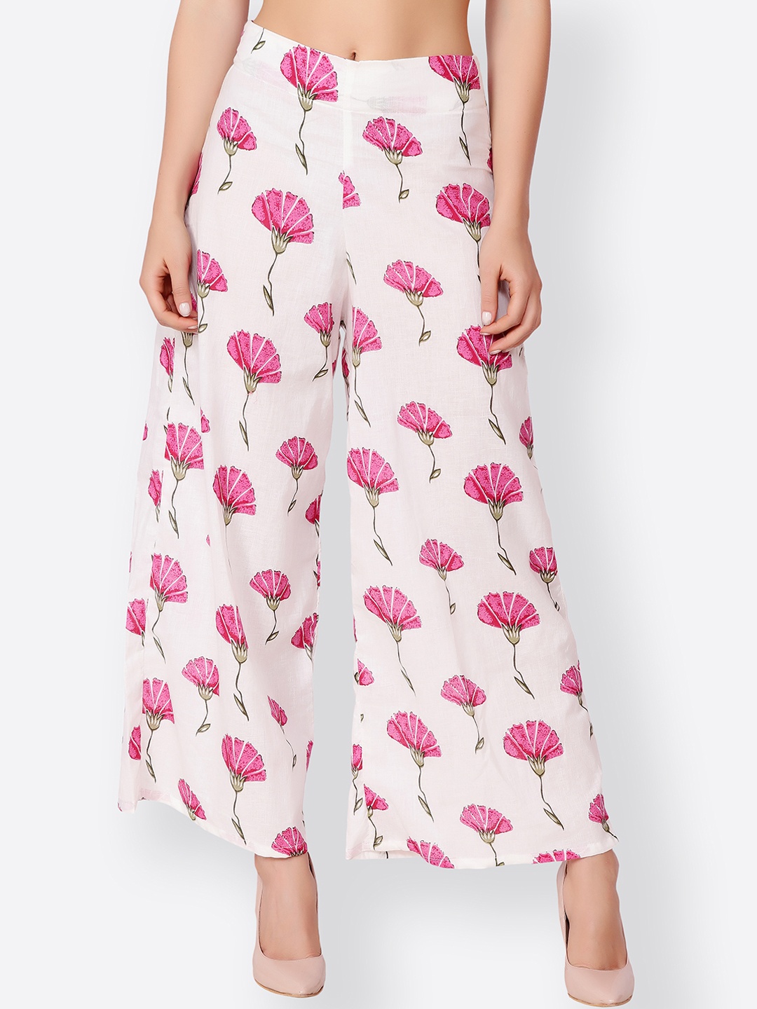 

SCORPIUS Women Off-White & Pink Printed Wide Leg Palazzos
