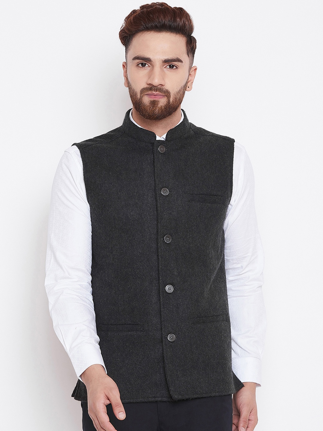 

even Men Solid Charcoal Grey Nehru Jacket