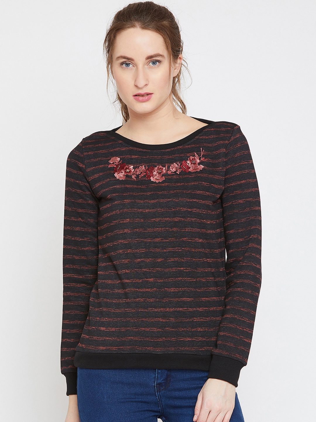 

Marie Claire Women Black & Peach-Coloured Striped Sweatshirt
