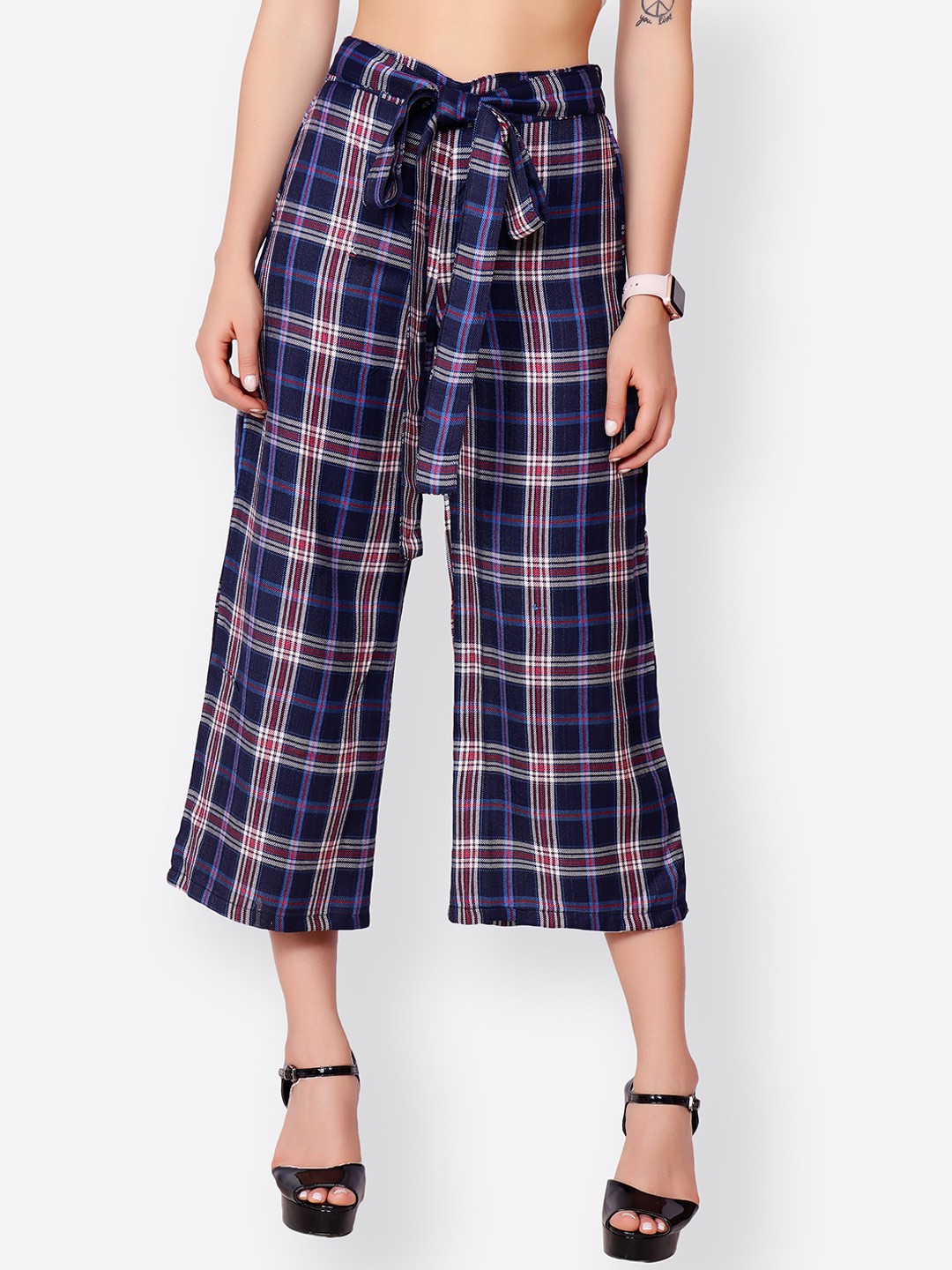 

SCORPIUS Women Navy Blue & White Checked Wide Leg Cropped Palazzos