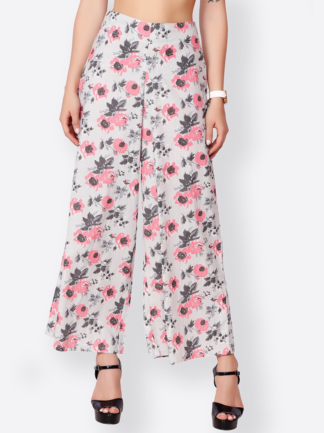 

SCORPIUS Women Grey & Pink Printed Flared Palazzos