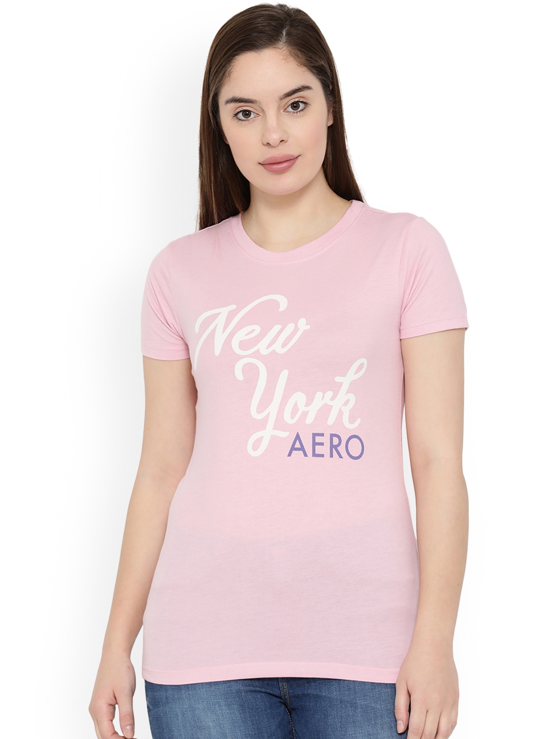 

Aeropostale Women Pink Solid Round Neck T-shirt