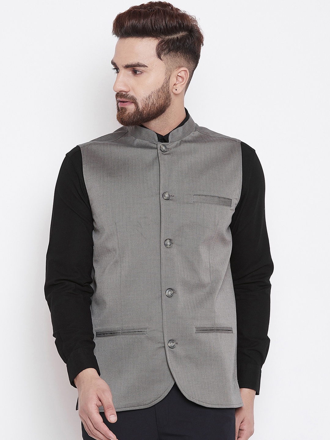 

even Men Grey Solid Velvet Nehru Jacket