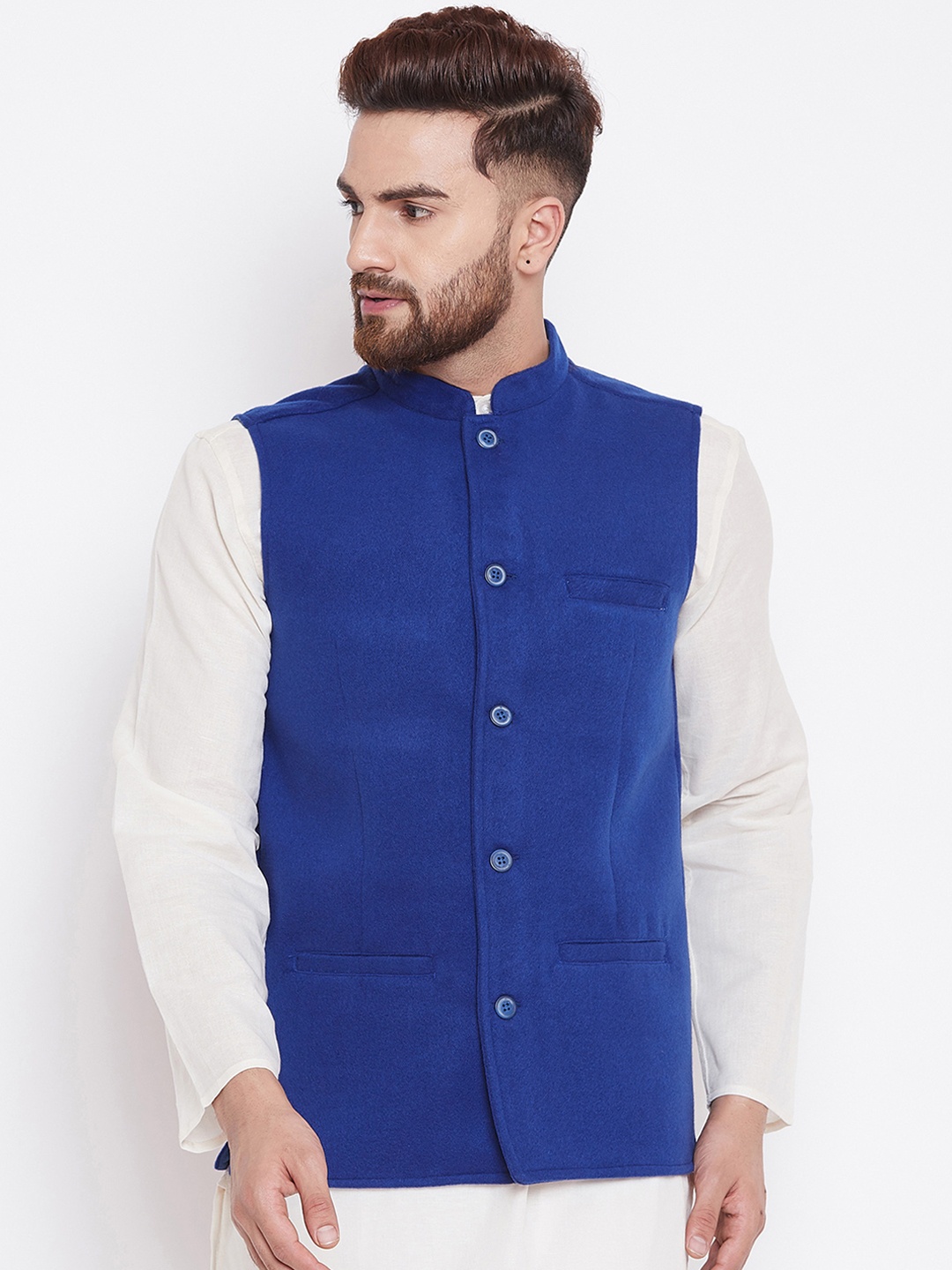 

even Men Blue Solid Nehru Jacket