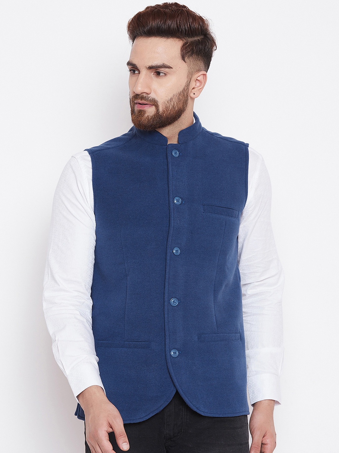 even Men Blue Solid Corduroy Nehru Jacket