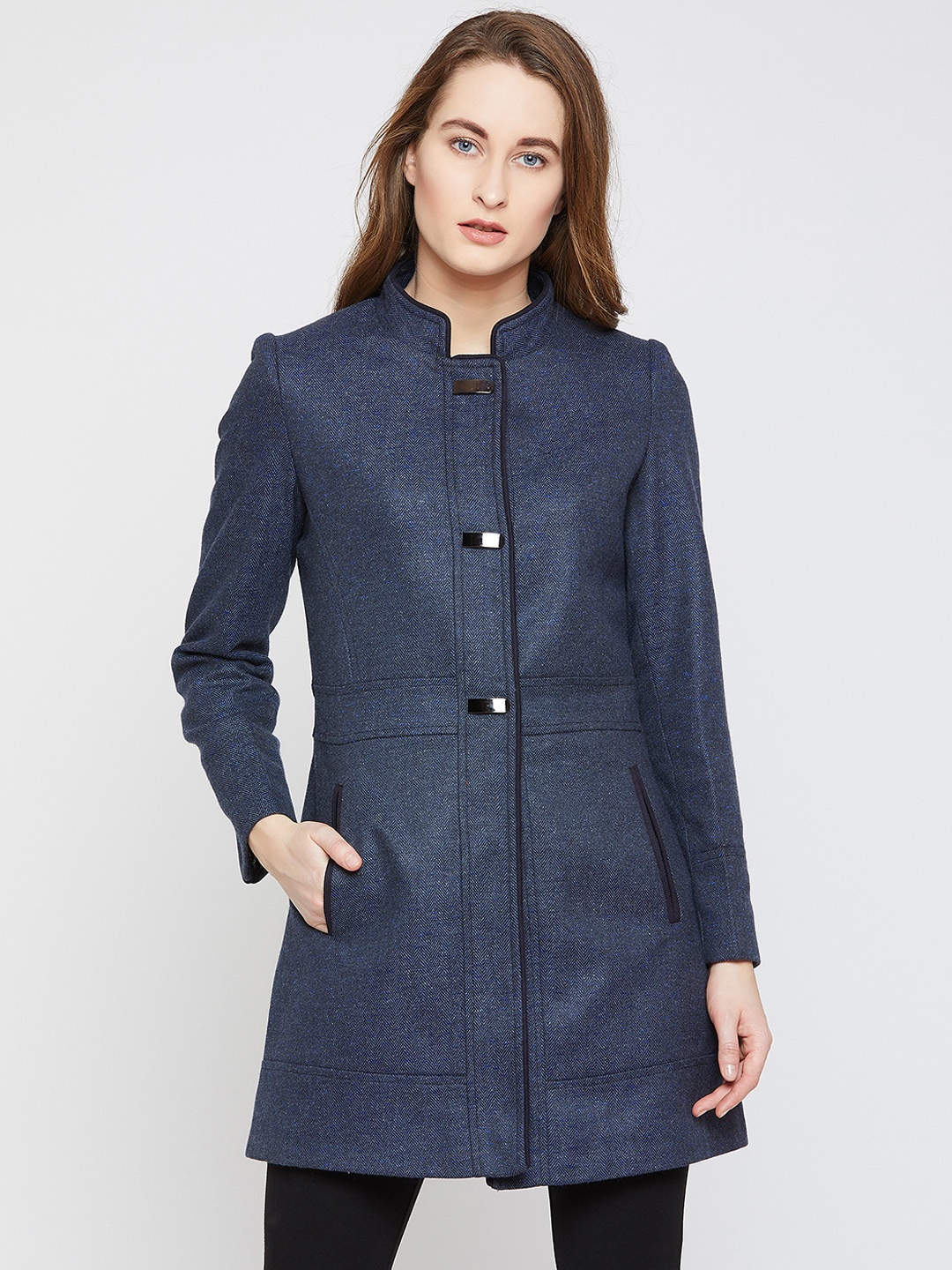 

Marie Claire Women Navy Blue Solid Woollen Coat