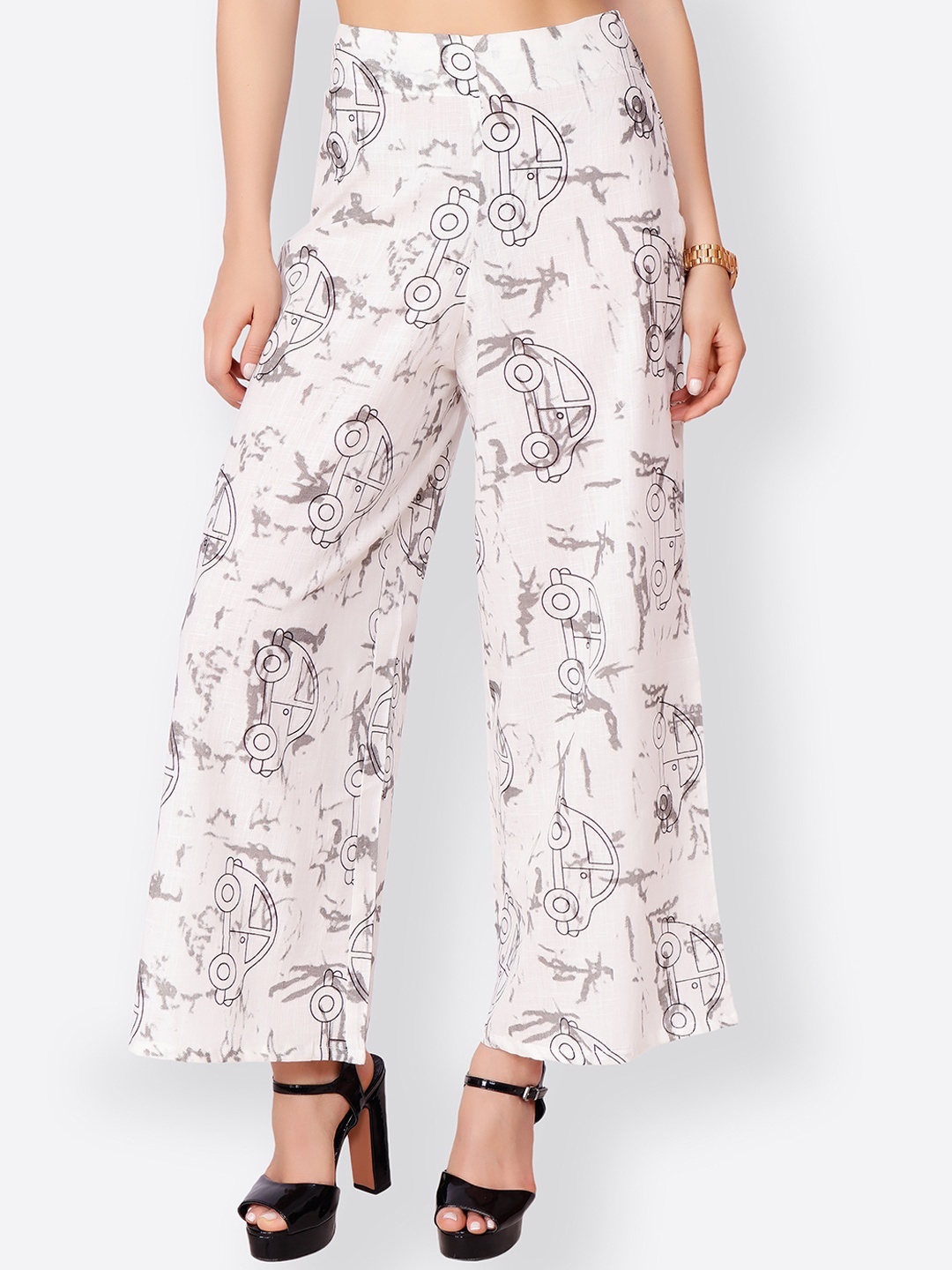 SCORPIUS Women Off-White & Grey Printed Wide Leg Palazzos