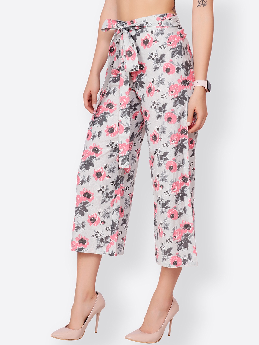 

SCORPIUS Women Grey & Pink Printed Wide Leg Palazzos