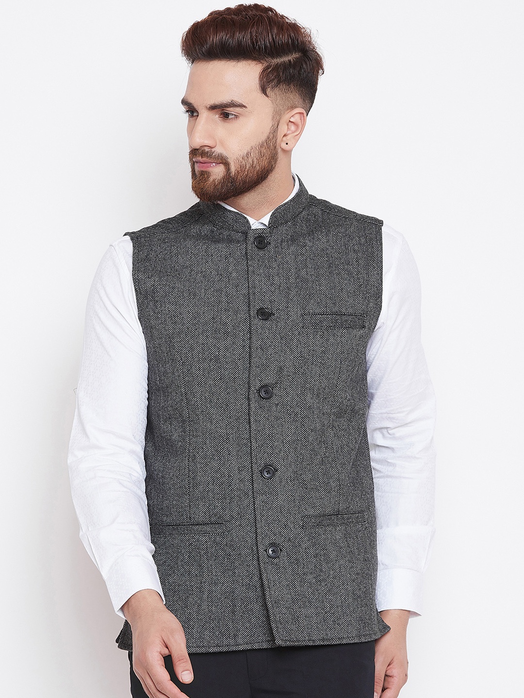 

even Men Grey Solid Nehru Jacket