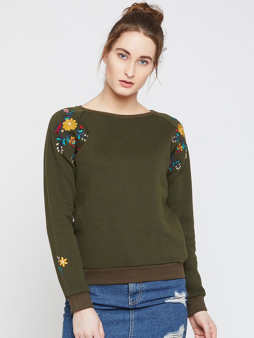 

Marie Claire Women Olive Green Solid Sweatshirt