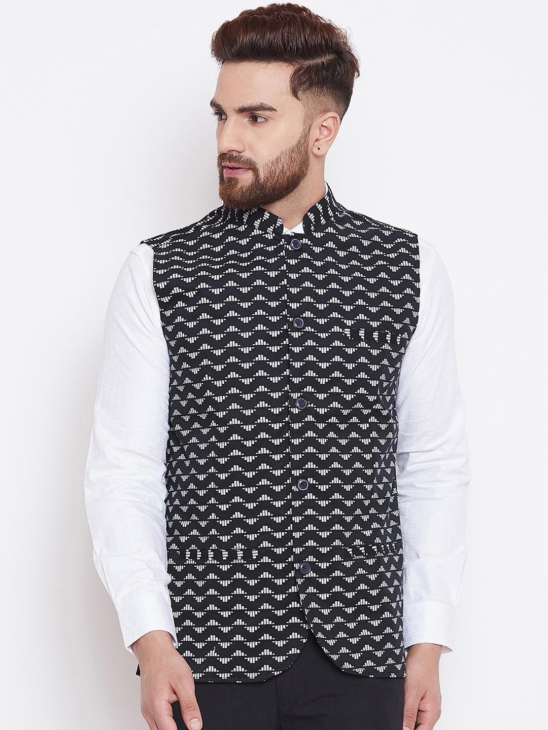 even Men Printed Navy Blue & White Printed Nehru Jacket