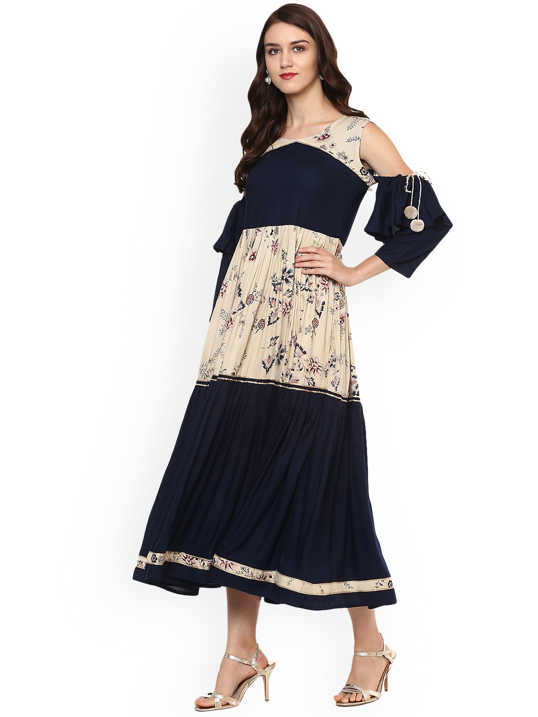 

Idalia Women Beige & Navy Blue Printed A-Line Kurta