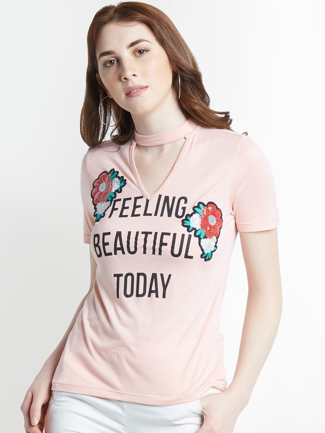 

Honey by Pantaloons Women Peach-Coloured Printed High Neck T-shirt