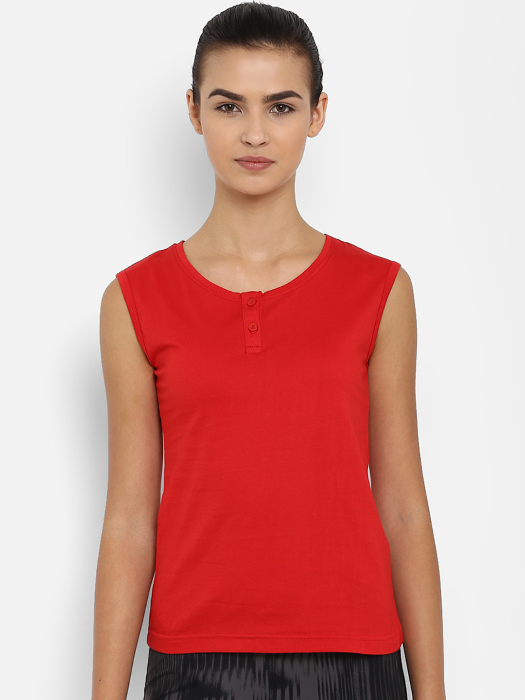 

appulse Women Red Solid Henley Neck Sleeveless Slim Fit T-shirt