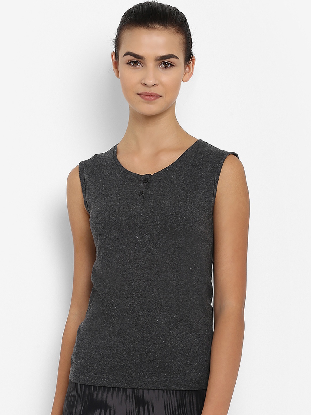 

appulse Women Charcoal Grey Solid Henley Neck Sleeveless Slim Fit T-shirt