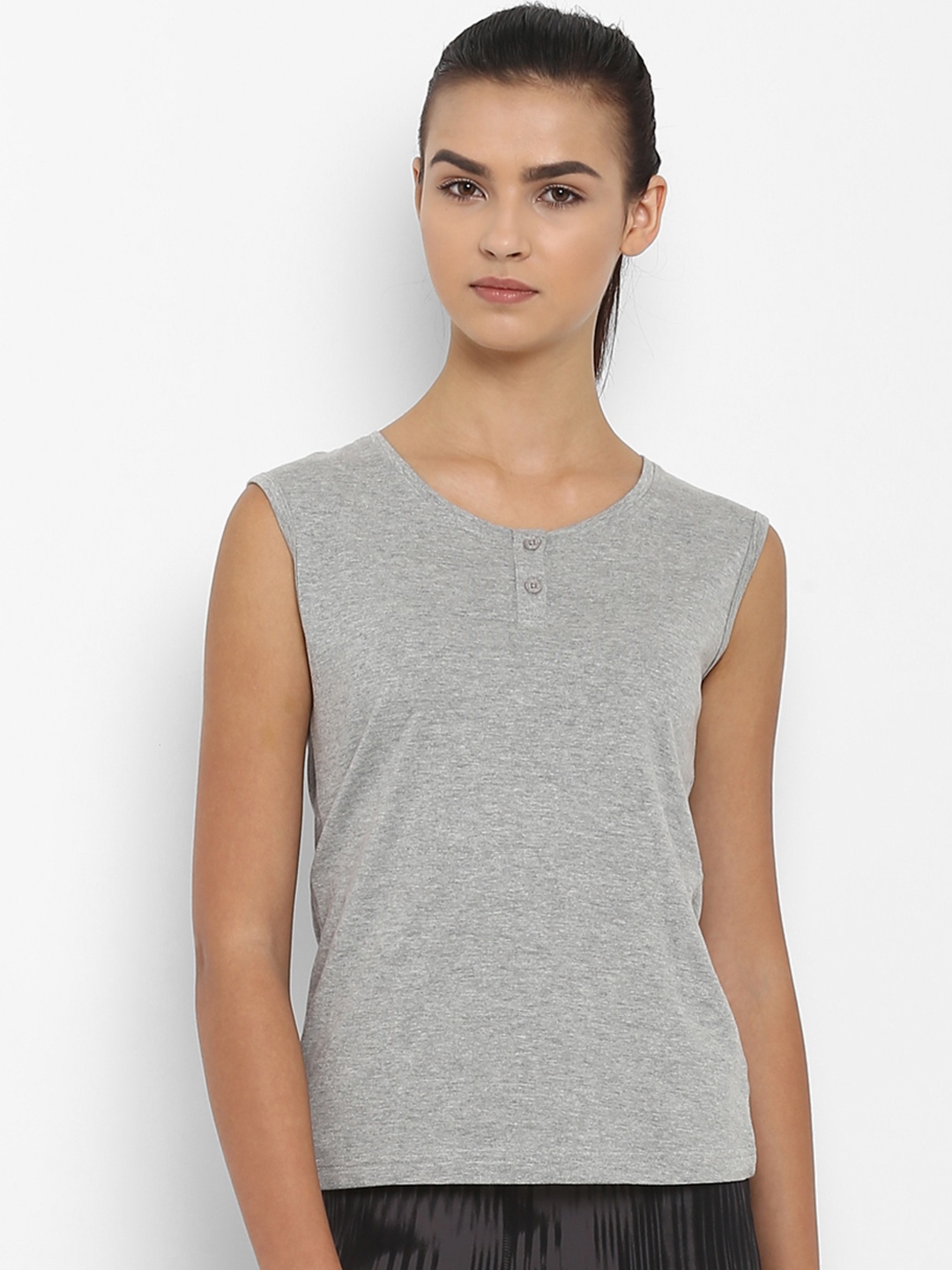 

appulse Women Grey Solid Henley Neck Sleeveless Slim Fit T-shirt