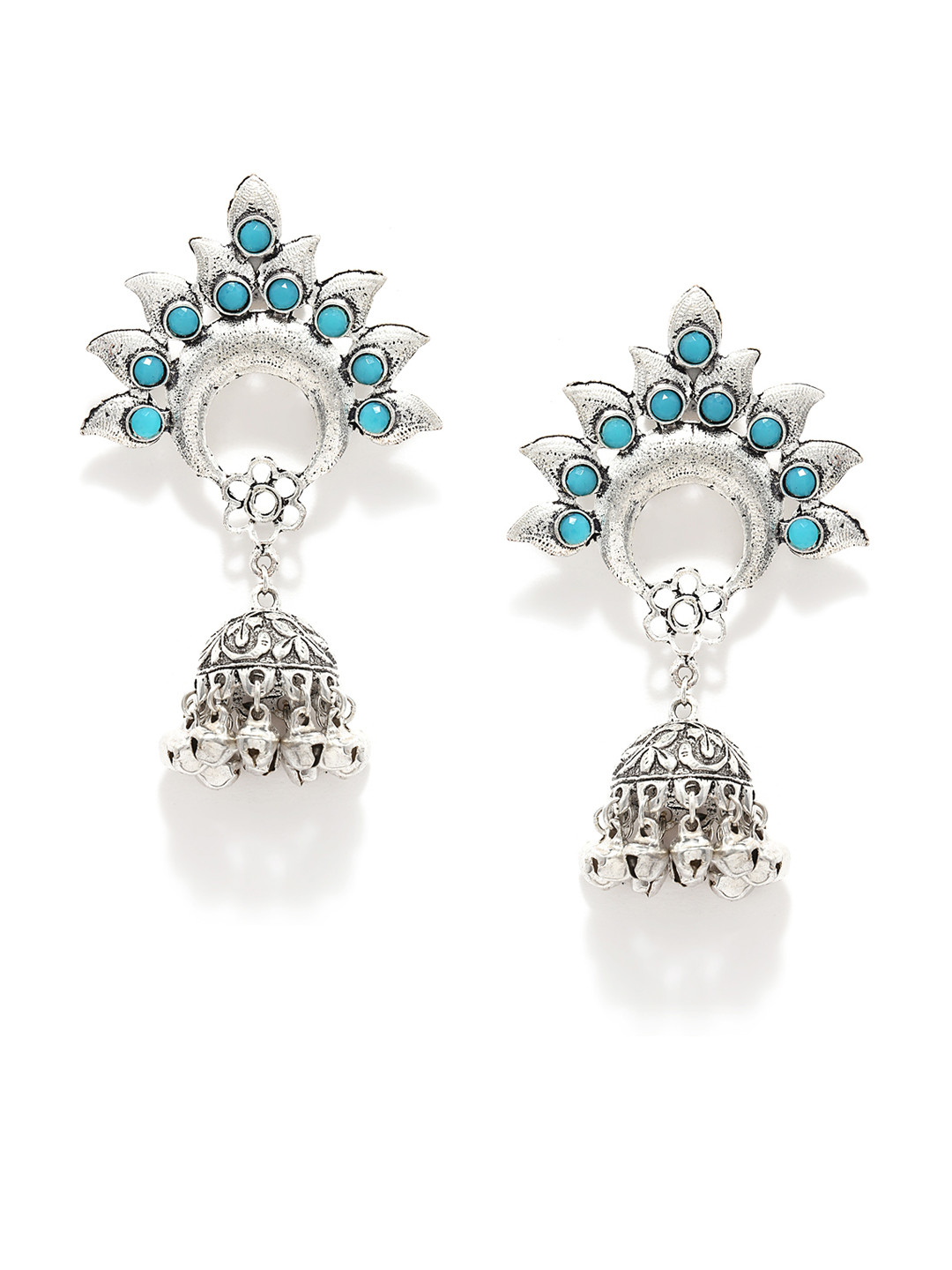 

Fabstreet Silver-Toned & Turquoise Blue Handcrafted Dome Shaped Jhumkas