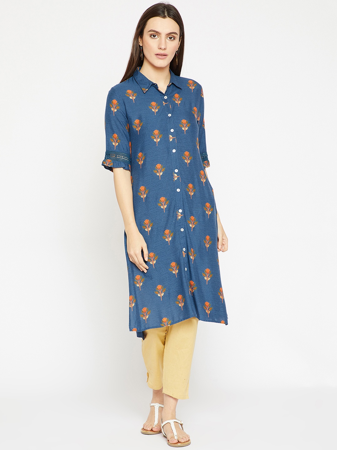 

RARE ROOTS Women Blue & Orange Printed Straight Kurta