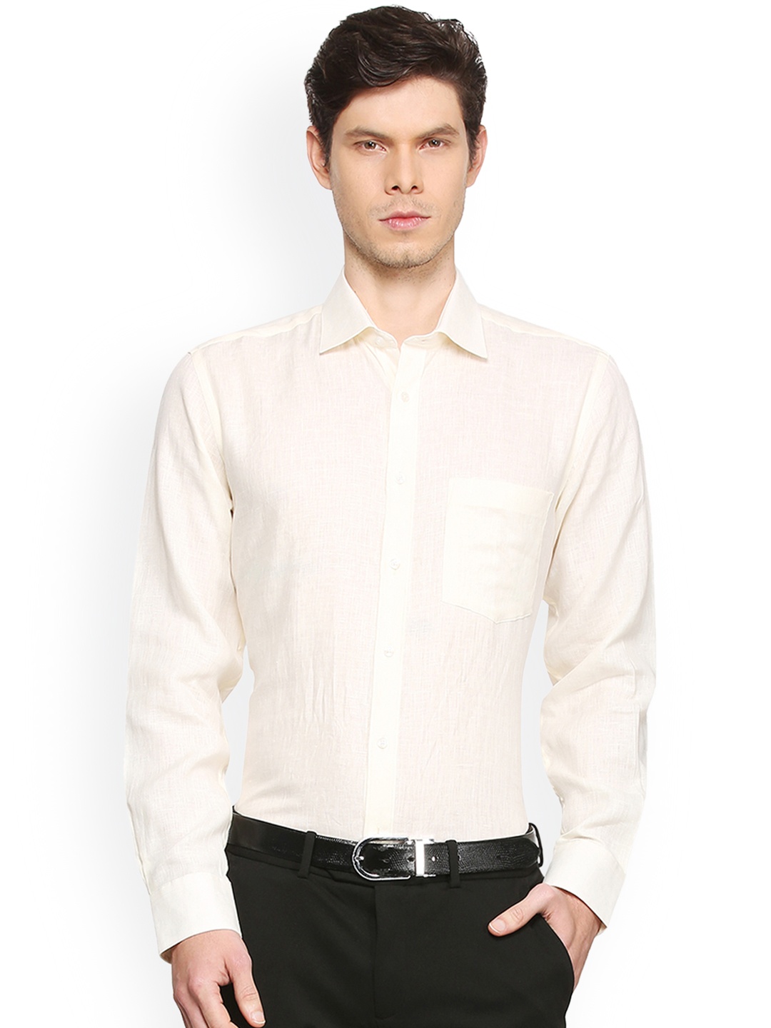 

Van Heusen Men Cream-Coloured Regular Fit Solid Linen Formal Shirt