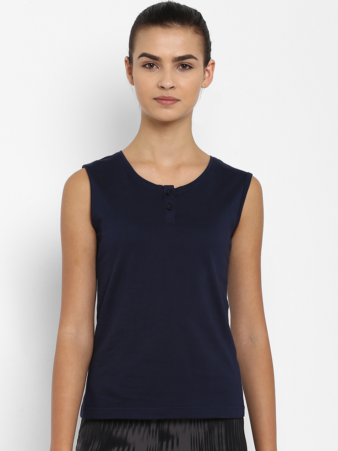 

appulse Women Navy Blue Solid Henley Neck Sleeveless Slim Fit T-shirt