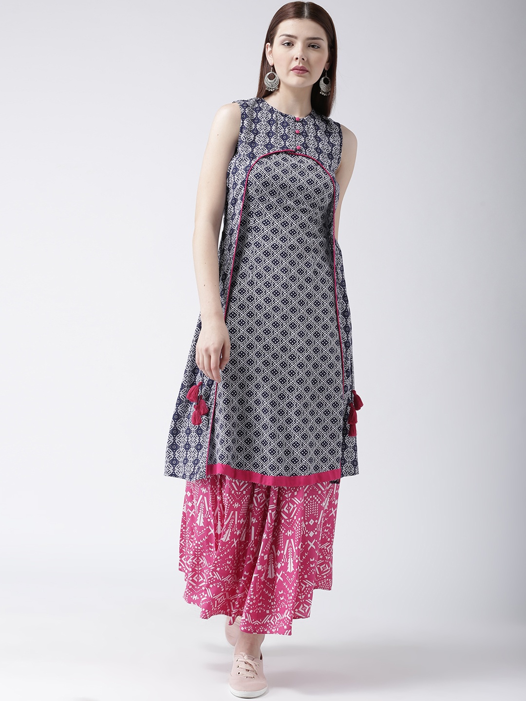 DODO & MOA Women Navy Blue Printed Fit and Flare Dress
