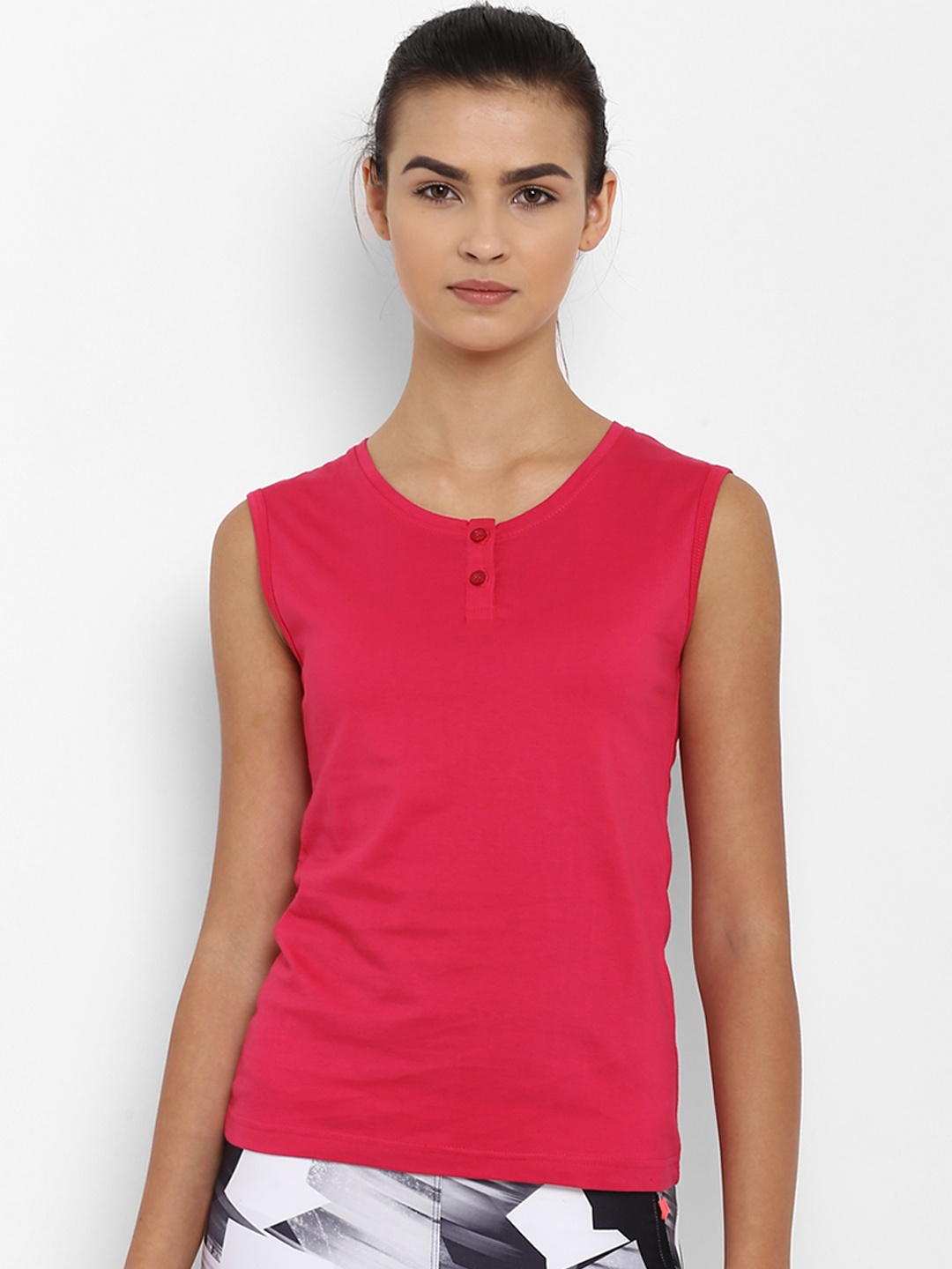 appulse Women Pink Solid Henley Neck Sleeveless Slim Fit T-shirt