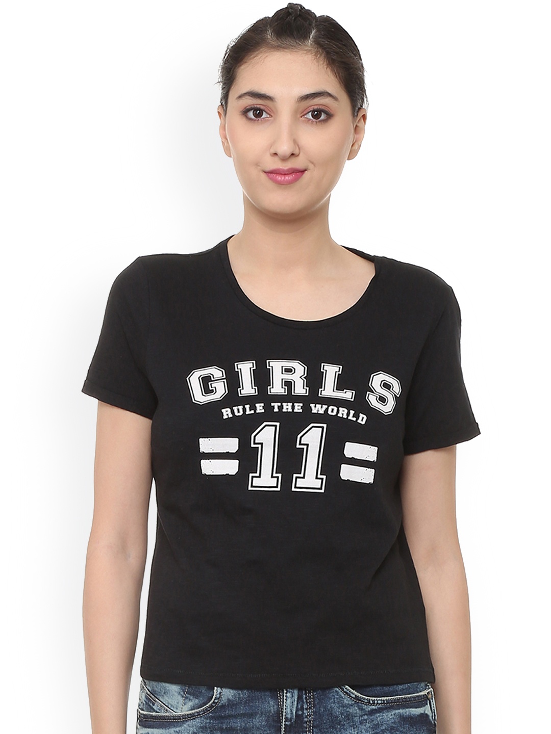 

People Women Black Printed Round Neck Pure Cotton T-shirt
