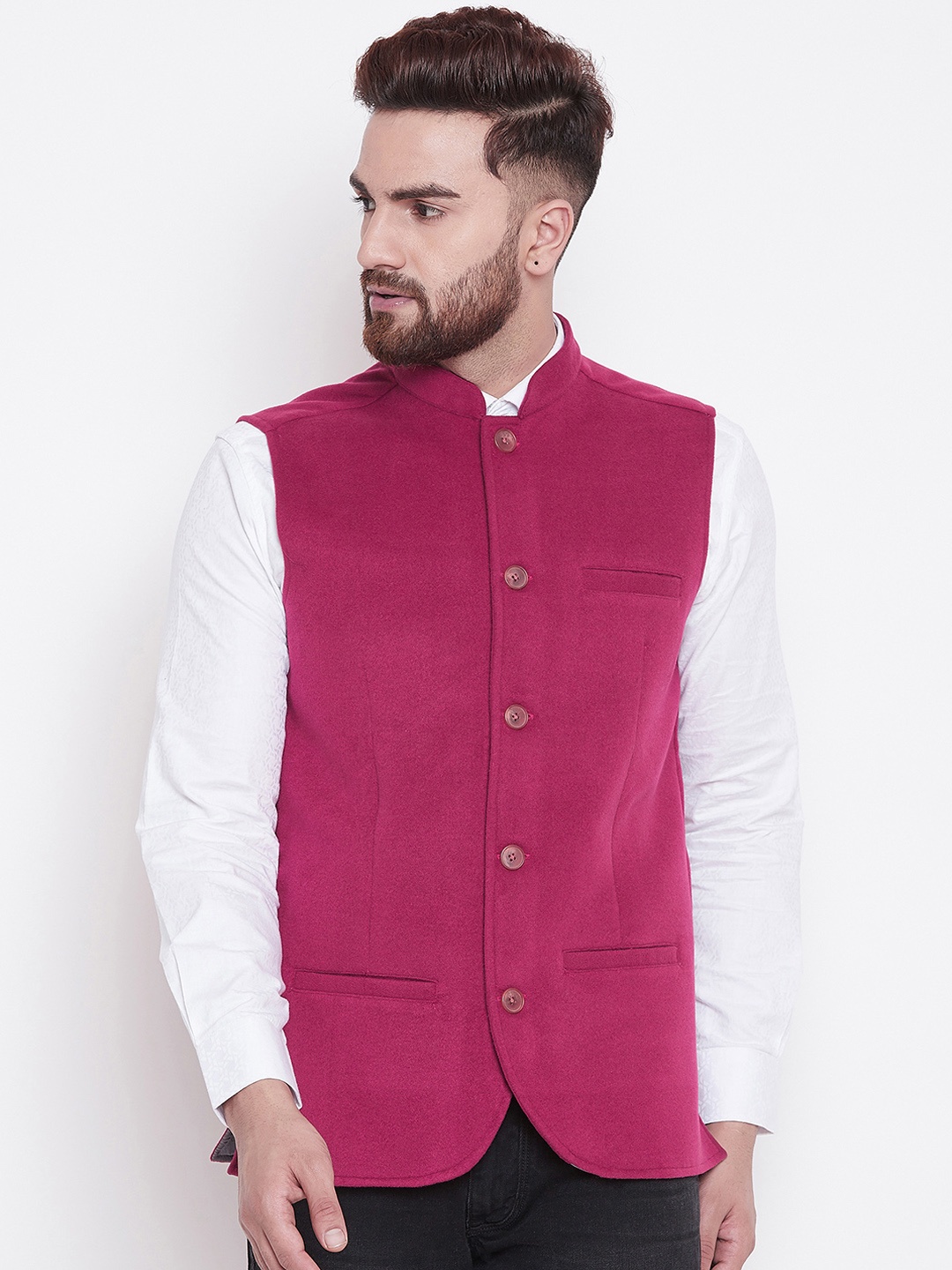 

even Men Pink Solid Corduroy Nehru Jacket