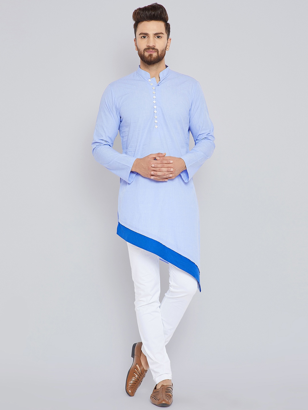 

See Designs Men Blue & Grey Solid Kurta with Trousers