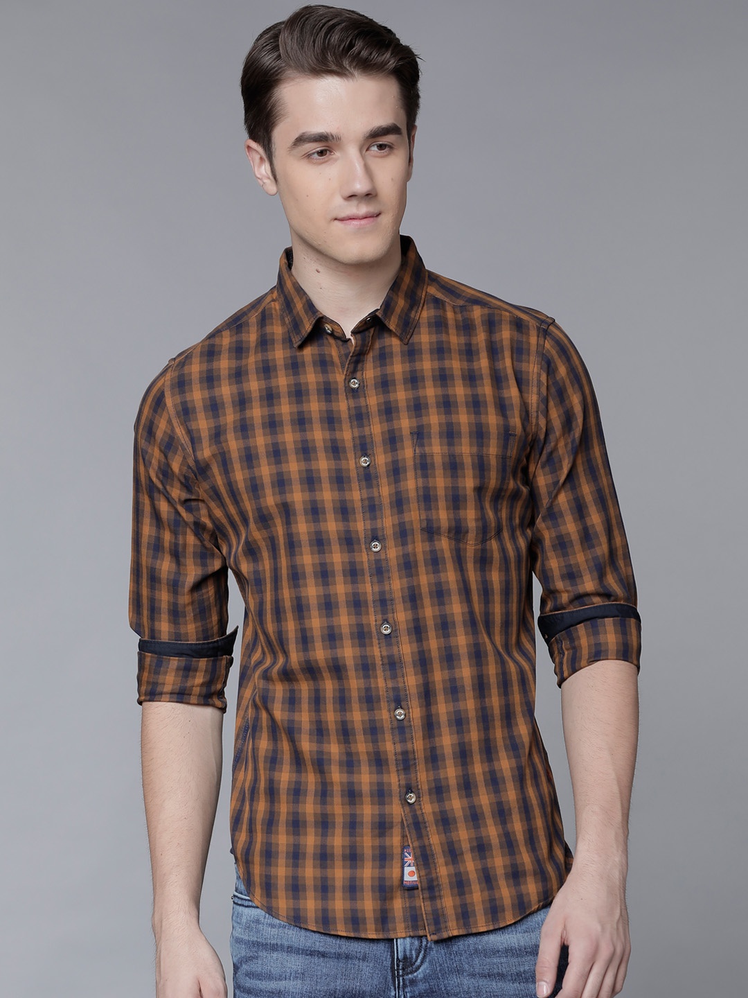 LOCOMOTIVE Men Blue & Mustard Slim Fit Checked Casual Shirt