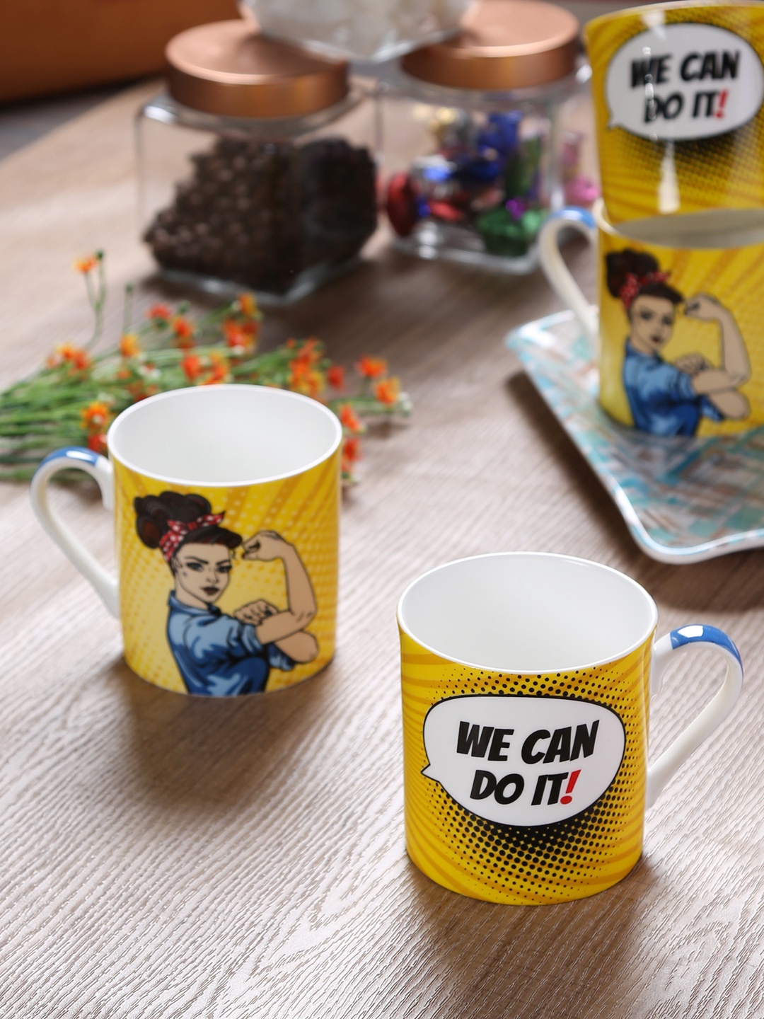 GOODHOMES Yellow Printed Bone China Pack Of 4 Cup Set