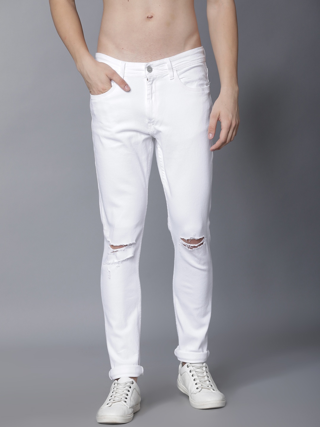 

LOCOMOTIVE Men White Slim Fit Mid-Rise Slash Knee Stretchable Jeans