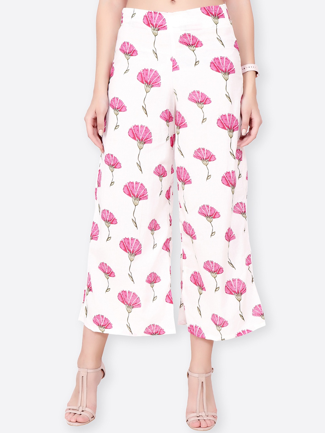 

SCORPIUS Women White & Pink Printed Flared Palazzos