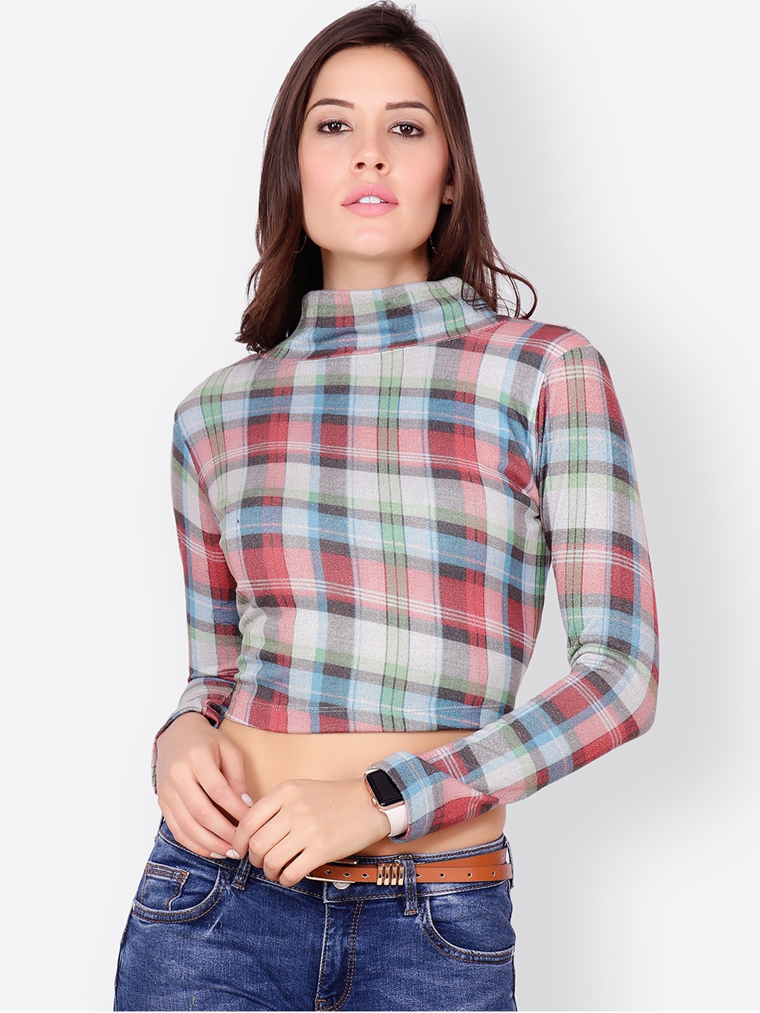 SCORPIUS Women Multicoloured Checked Fitted Crop Top, Multi