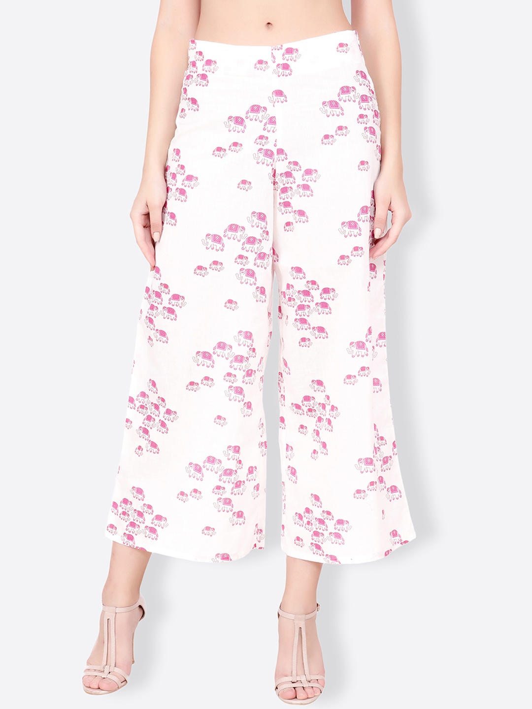 

SCORPIUS Women White & Pink Printed Flared Palazzos