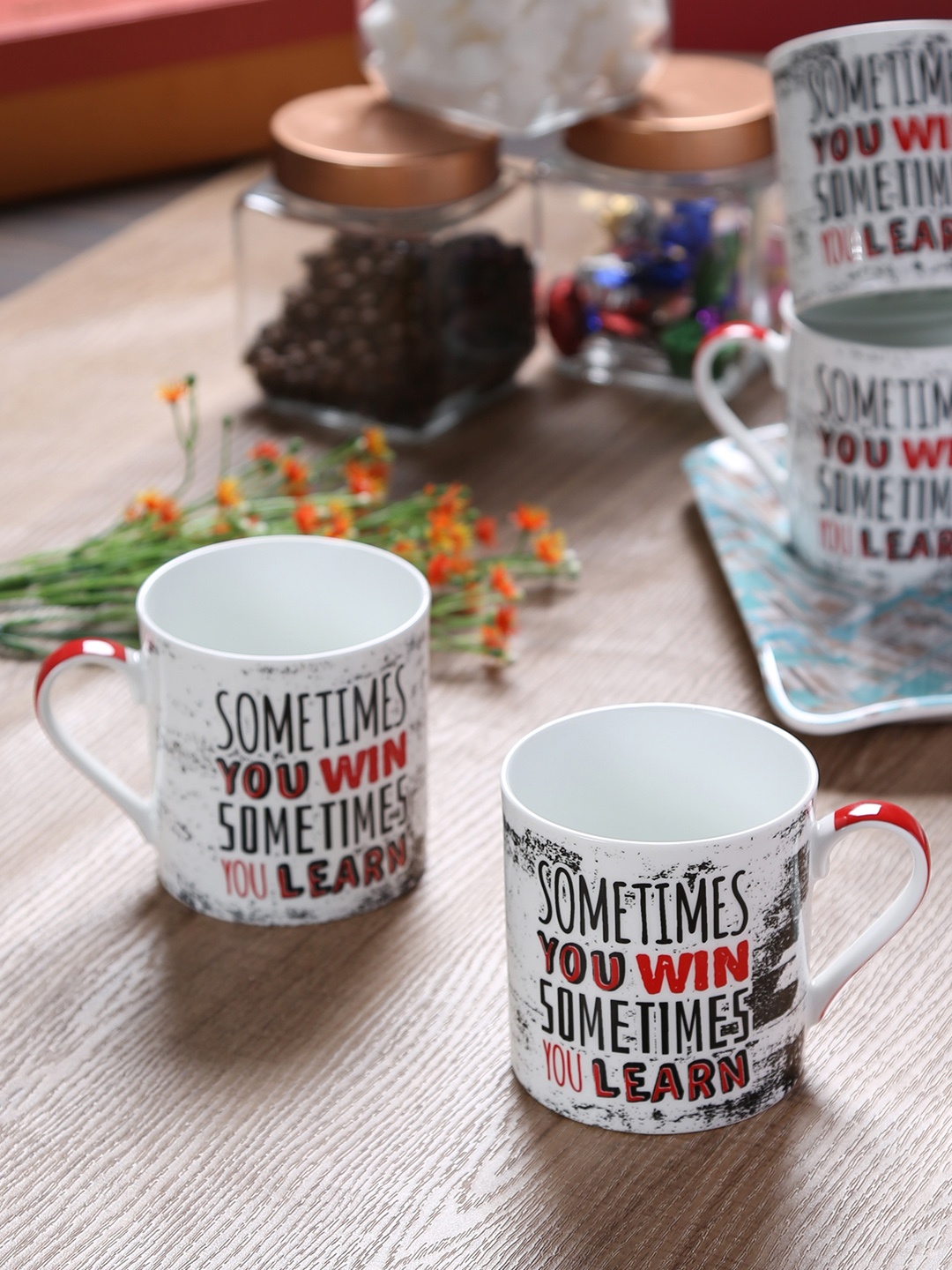 

GOODHOMES White Printed Bone China Pack Of 4 Cup Sets