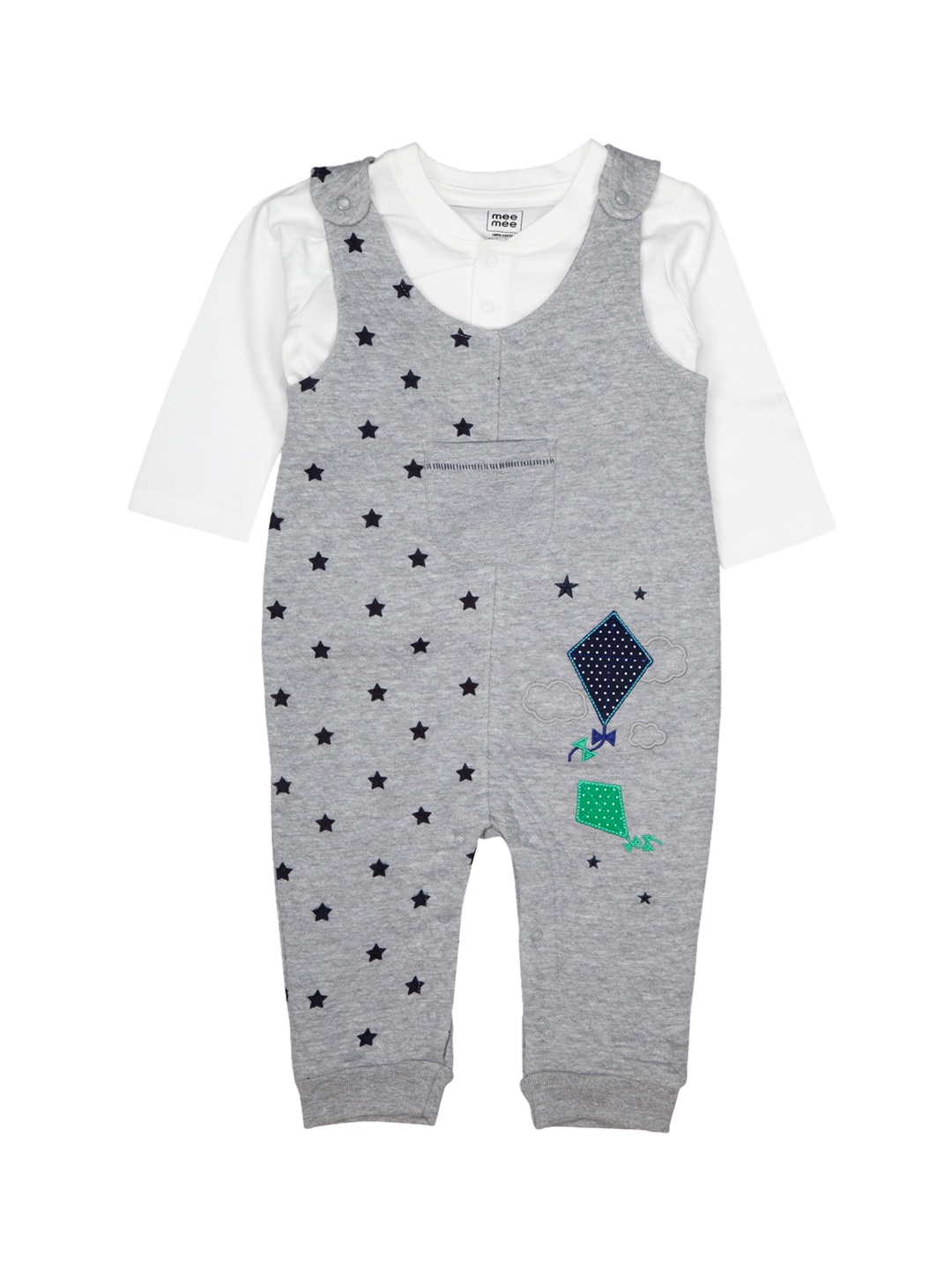 

MeeMee Boys White & Grey Solid T-shirt with Dungarees