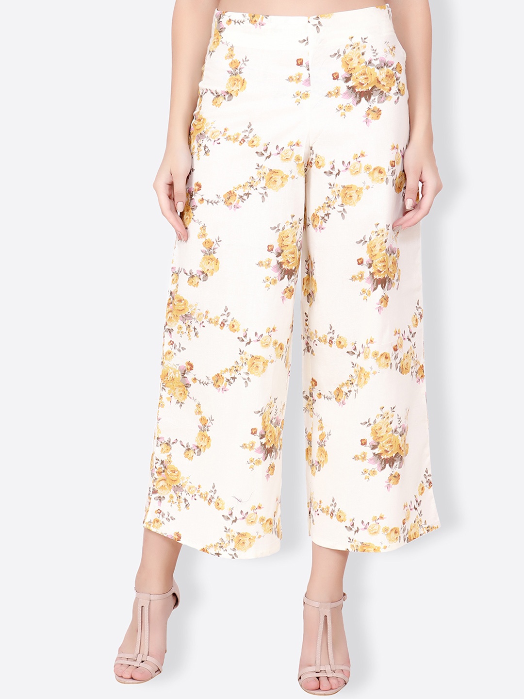 SCORPIUS Women White & Yellow Printed Flared Palazzos