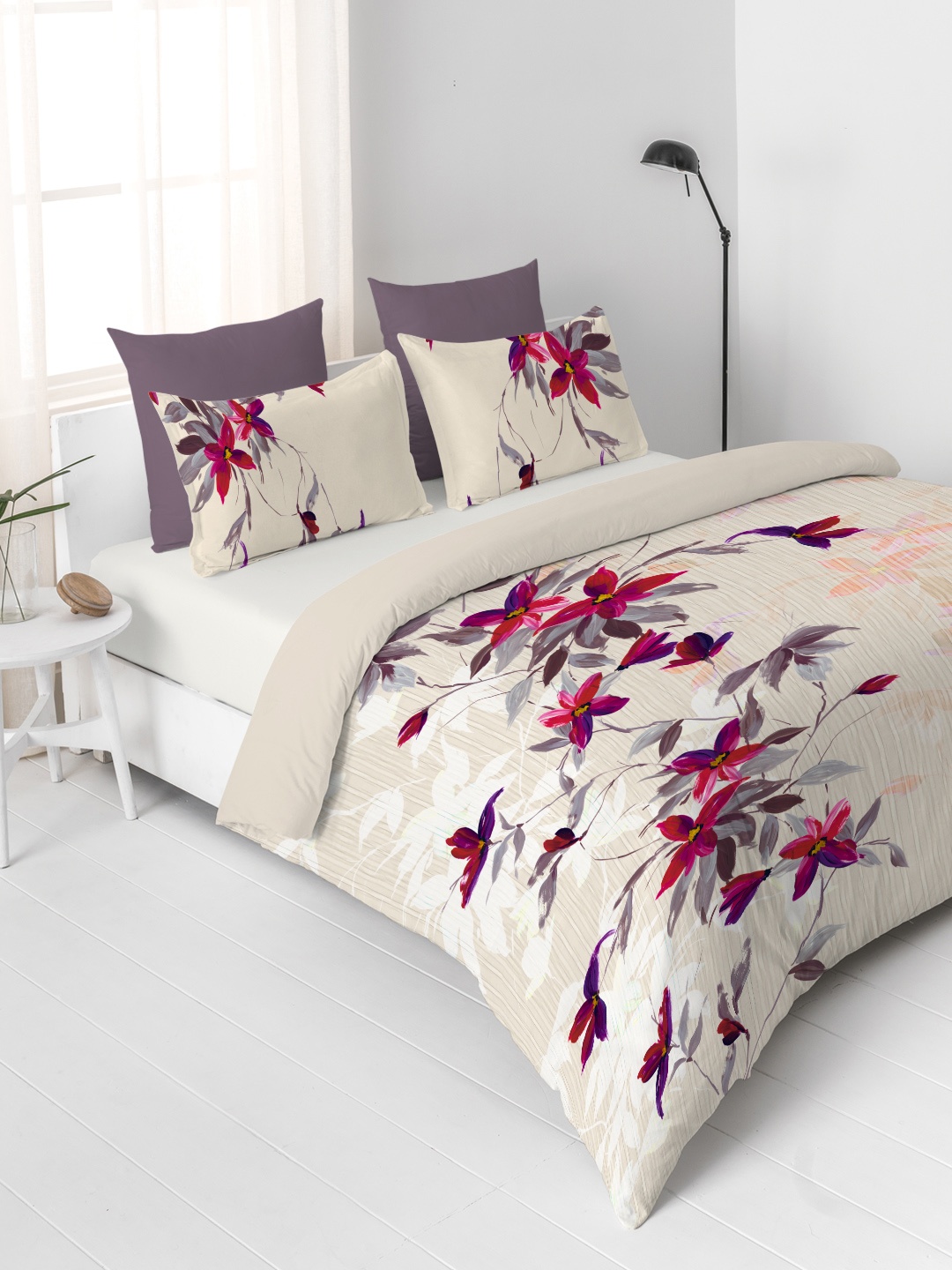 

DDecor Beige Floral Flat 144 TC Cotton 1 Double Bedsheet with 2 Pillow Covers