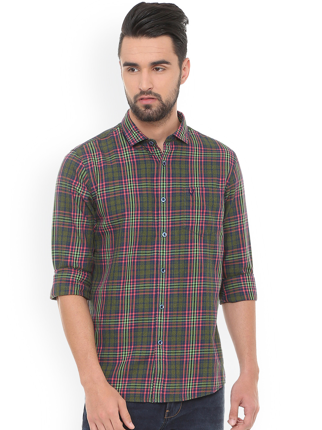 

Allen Solly Sport Men Olive Green & Navy Blue Regular Fit Checked Casual Shirt