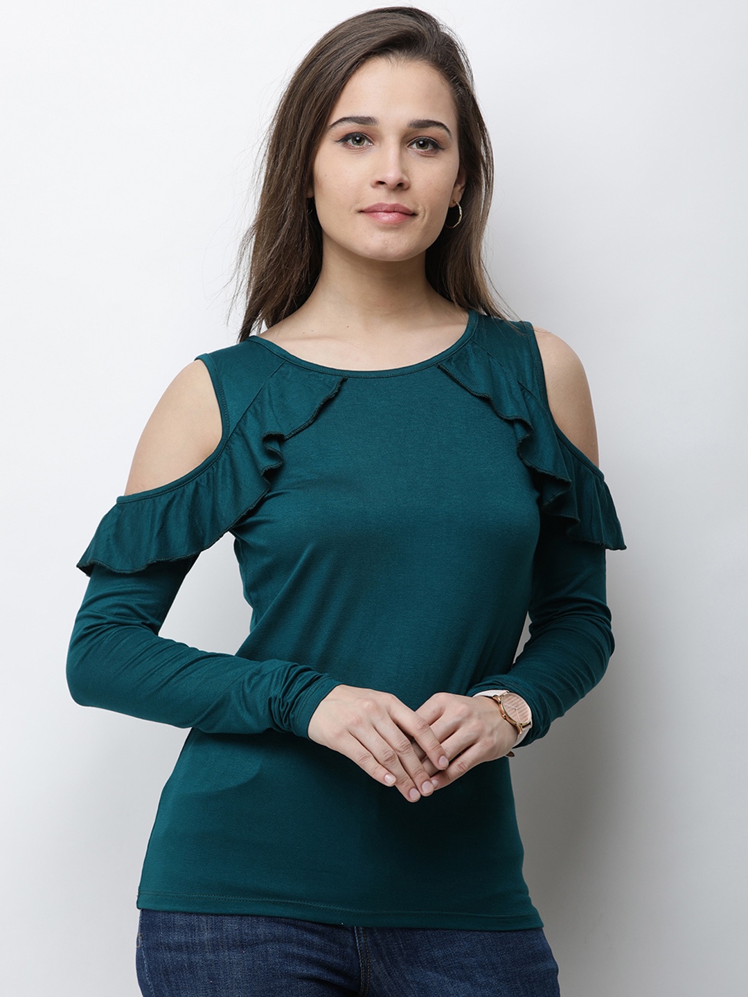 Cation Women Teal Blue Solid Fitted Top