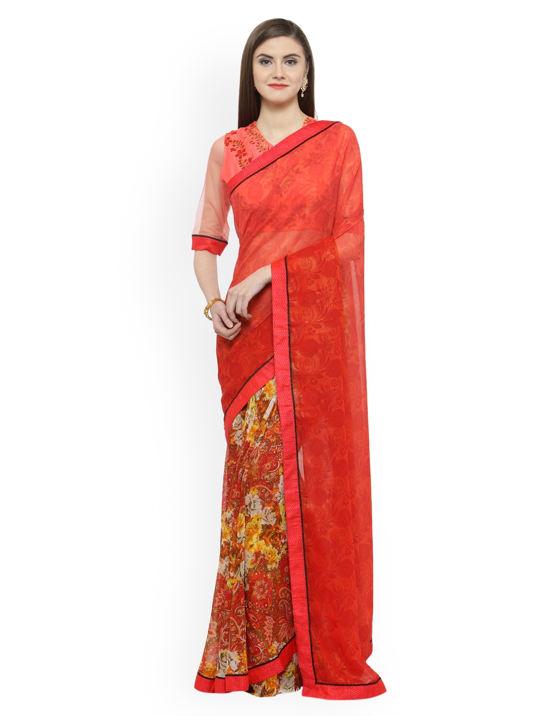

Shaily Red & Orange Pure Georgette Printed Saree