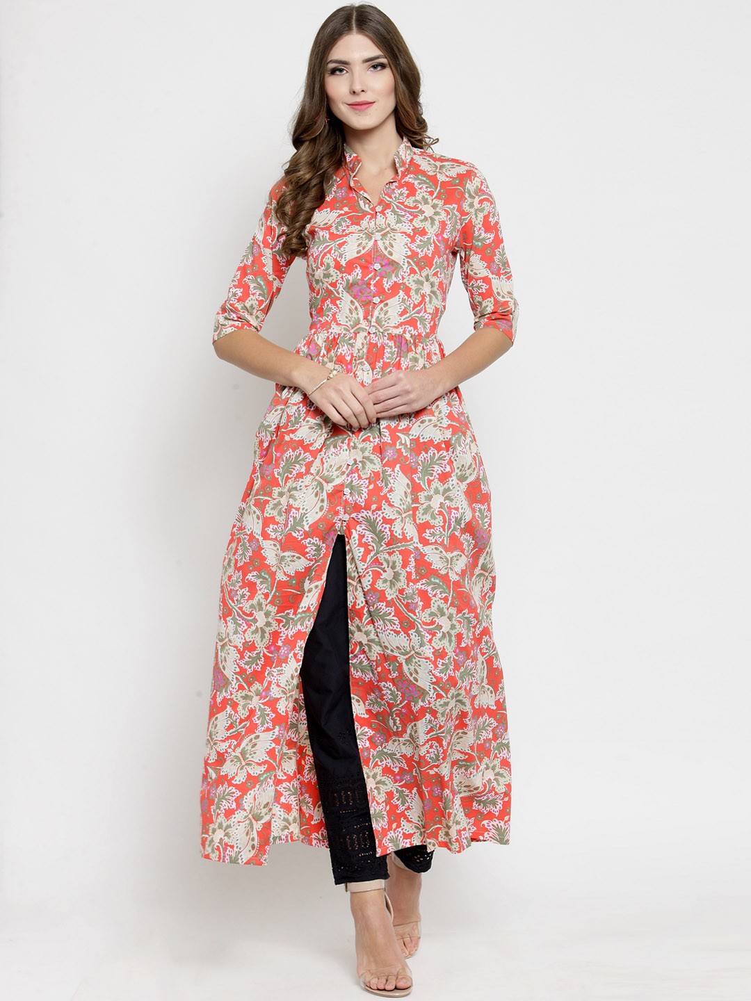 

Sera Women Coral Pink & Navy Blue Printed Kurta with Trousers