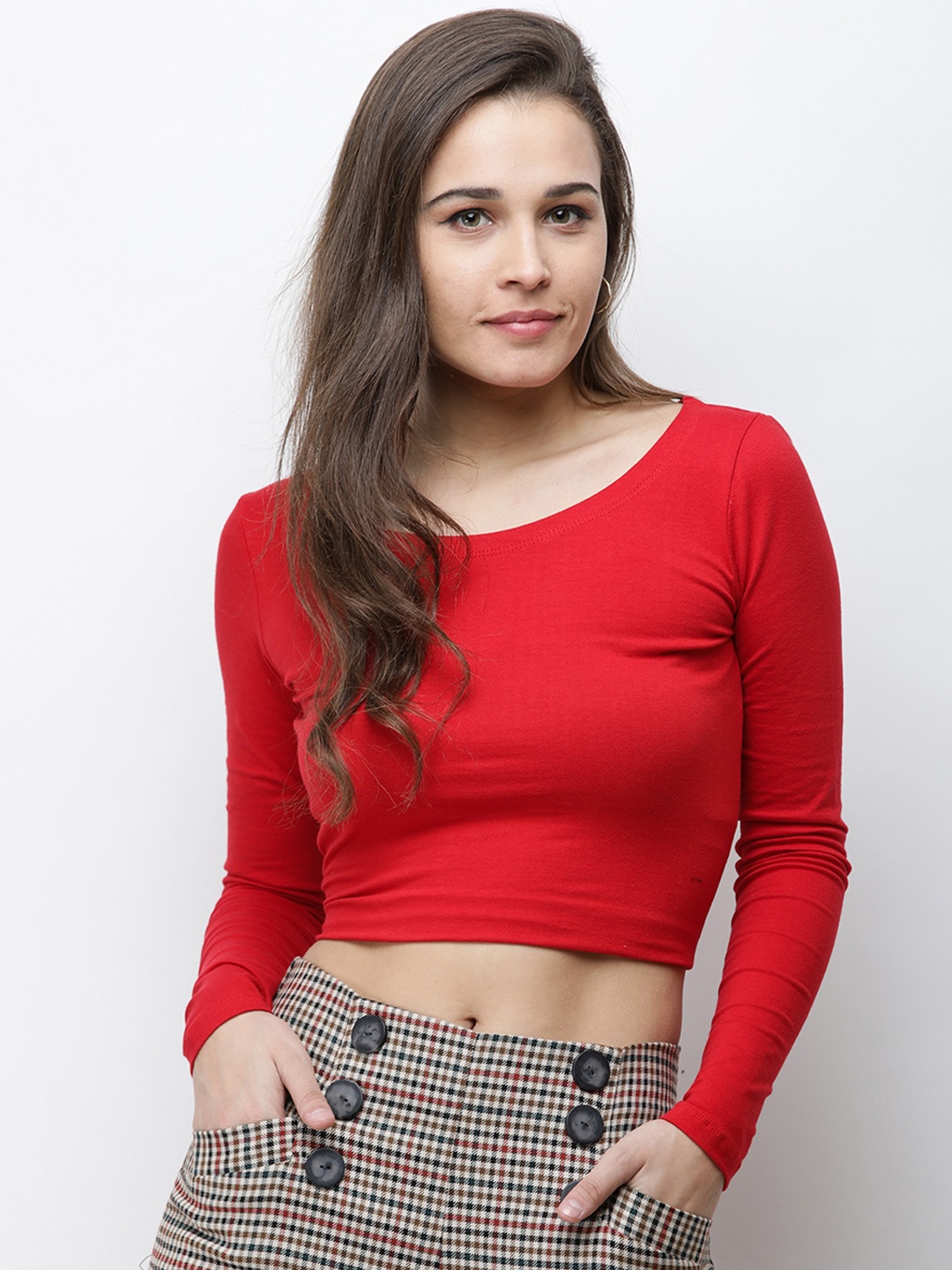 

Cation Women Red Solid Fitted Cropped Pure Cotton Top