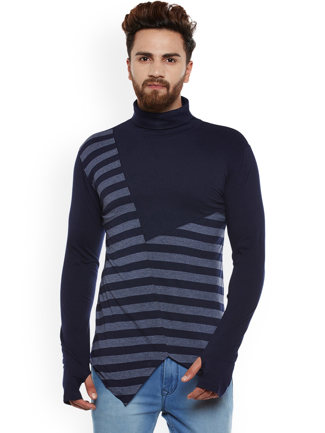 

Hypernation Men Navy Blue Striped High Neck T-shirt